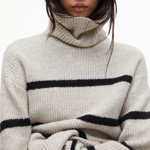 H&M cream grey oatmeal black striped turtleneck sweater size L - Picture 6 of 11